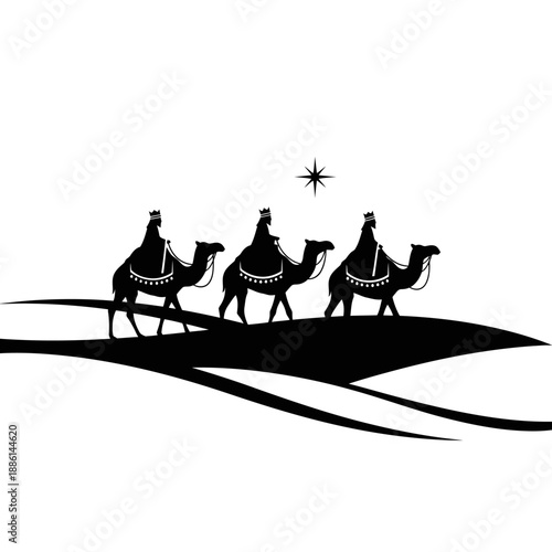 Three silhouettes of camel riders follow a bright star over desert dunes