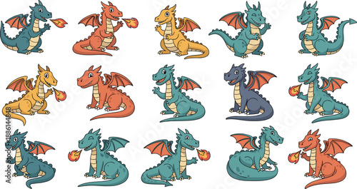 Large set of cute cartoon dragon vector illustrations holding fireballs in different colors and poses
