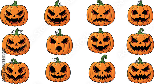 Large set of Halloween jack o lantern pumpkins with different scary carved faces flat vector illustration