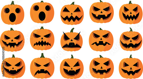 Large set of Halloween jack o lantern pumpkins with different scary faces flat vector illustration
