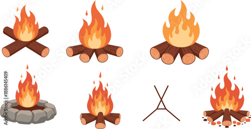 Large set of vector campfire icons with burning orange fire flames and wooden logs for outdoor adventure design.