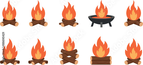 Large vector set of campfire icons with burning orange fire flames and wooden logs for outdoor camping adventure design.