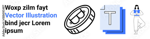 Cryptocurrency, blockchain, text formatting, mindfulness, financial design, digital economy. Bitcoin coin, text documents woman in yoga pose. Cryptocurrency and blockchain conceptual design