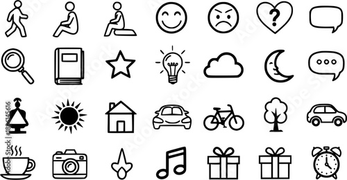 Black and White Line Art Icons: People, Objects, Emotions, and Symbols for Web and Design