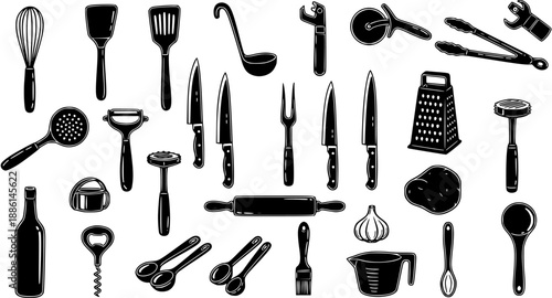 Black and White Vector Line Art Illustration of Various Kitchen Utensils and Tools