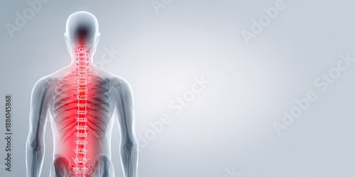 Conceptual 3D illustration of human spine with glowing red inflammation points