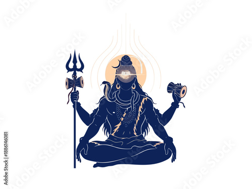 Maha Shivaratri illustration featuring Lord Shiva in a meditative pose with trishul and damaru, embodying spiritual serenity