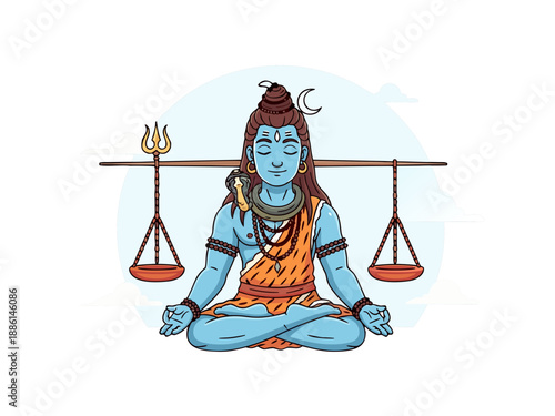 A serene illustration of Lord Shiva meditating during Maha Shivaratri, balancing scales and trident, symbolizing harmony and spiritual growth