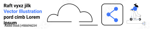 Digital transformation, data sharing, cloud storage, mobility, innovation, technology integration. Minimalist cloud shape, sharing icon person on scooter. Cloud technology and data sharing concept