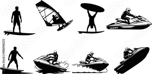 Collection of Transportation and Toy Vehicle Silhouettes Including Motorcycles, Bicycles, Scooters, Baby Stroller, Roller Skates, and Shopping Cart for Leisure and Urban Mobility Vector Illustration