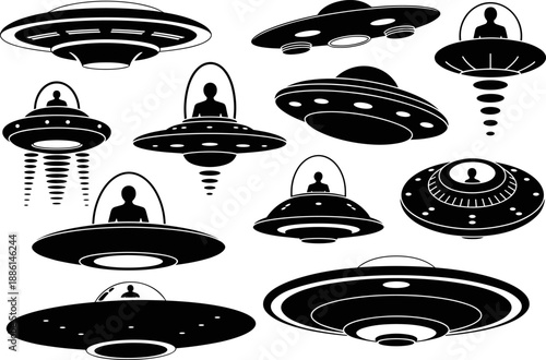 Collection of UFO flying saucer silhouettes with alien pilots, futuristic spacecraft vector illustration for science fiction, space exploration, galaxy mystery, and fantasy design themes