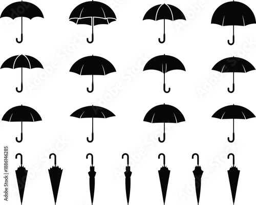 Collection of umbrella silhouette vector icons, open and closed umbrellas for rain protection, weather design, monsoon season, fashion, and accessory illustration