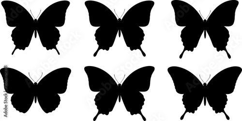 Collection of various butterfly silhouettes in flight and standing poses, featuring different wing shapes and patterns, natural insect vector illustration set