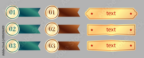 ゴールドとメタリックカラーのランキングメダル（01-03）と、テキスト入力可能な長方形バナー・見出しラベルのセット素材。販促LPバナー・特典訴求ベクター