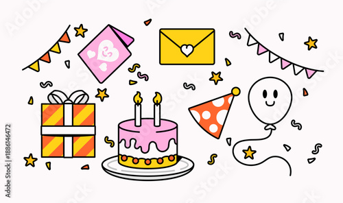 Birthday celebration illustration featuring a cake with candles, gift box, balloon, party hat, envelope, and decorations. Fun cartoon style perfect for greeting cards, kids designs, stickers, icon