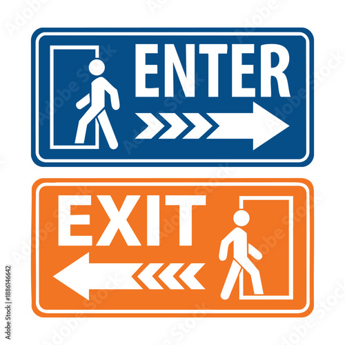 Entry and exit symbol signs with directional arrows and pictograms