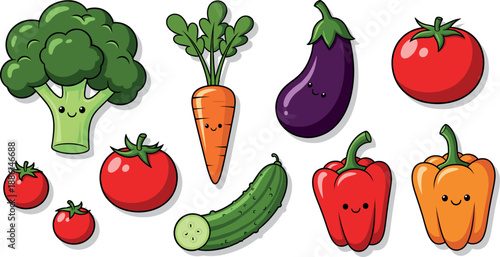 Cute cartoon vegetable vector set with smiling broccoli, carrot, tomato, cucumber, eggplant and peppers