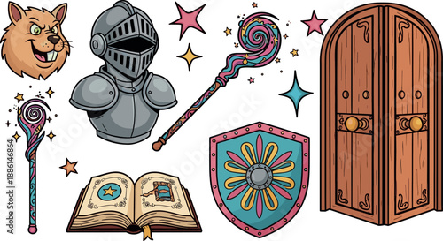 Fantasy medieval vector set with knight armor, magic wand, spell book, shield and wooden door illustrations