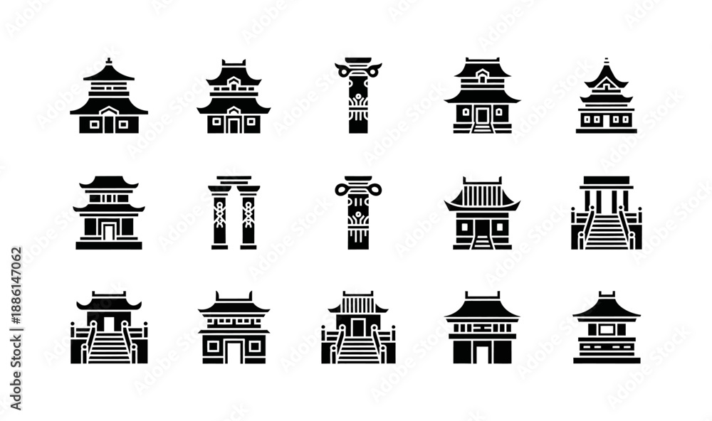 Fototapeta premium Collection of Traditional East Asian Architectural Structures and Buildings