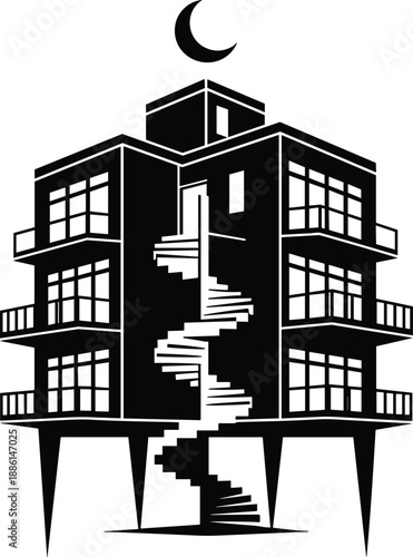 Modern black white vector illustration of stilted modernist house with spiral staircase moonlit night architectural silhouette minimal graphic design isolated