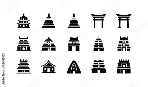 Collection of Buddhist stupas, Hindu temples and Japanese torii gates architectural icons