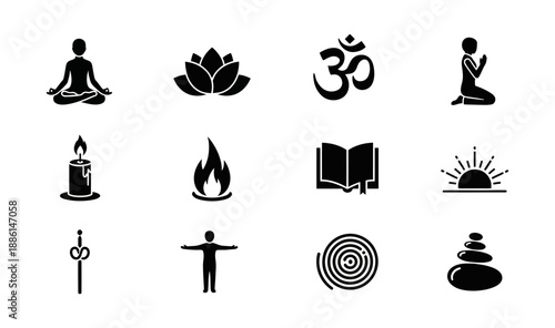 Diverse collection of spiritual and mindfulness icons, featuring symbols for yoga, meditation, inner peace, and holistic wellness practices