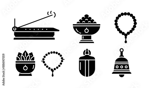 Sacred ritual objects and spiritual symbols depicting devotion, worship, and traditional religious practices in a clean vector icon set for cultural and contemplative themes