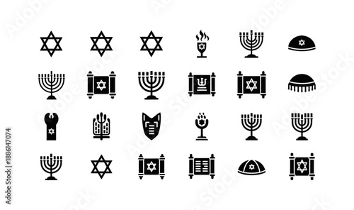 Comprehensive vector collection showcasing diverse Jewish religious symbols and cultural icons, perfect for educational materials, spiritual event branding, and themed graphic design projects