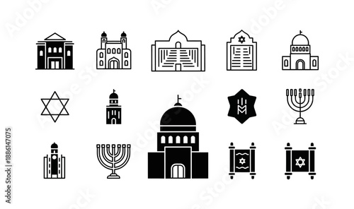 Collection of Jewish religious symbols and buildings in a clean, modern icon set