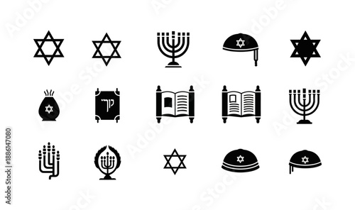A comprehensive collection of distinct Jewish religious and cultural symbols, presented as versatile black silhouette vector icons, embodying faith, heritage, and tradition for various design projects