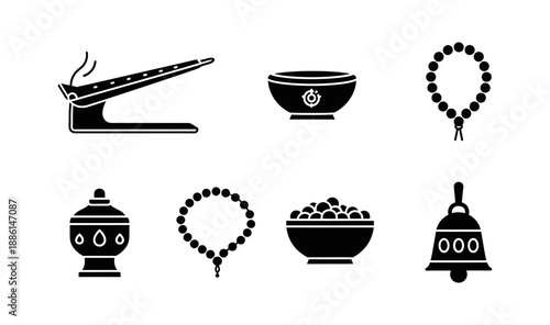Collection of spiritual ritual icons. Features incense burners, offering bowls, prayer beads, and ceremonial bell silhouettes, ideal for cultural and religious design projects