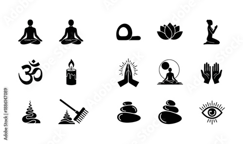 Collection of icons representing meditation, spirituality, and well-being, including a lotus, Om symbol, and balanced stones