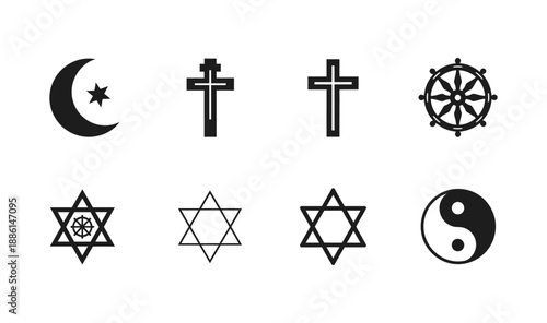 Vector illustration displaying a diverse collection of universal religious and spiritual symbols, representing the rich tapestry of global faiths and cultural belief systems