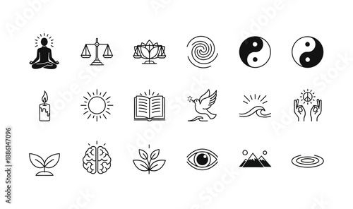 Collection of Icons Representing Peace, Spirituality, and Balance