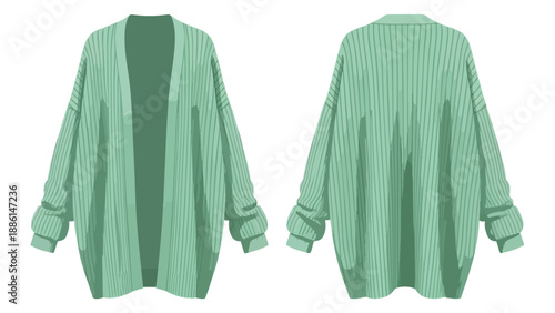 Stylish mint green ribbed knit cardigan, showcasing both relaxed front and back designs, an essential comfort apparel piece for versatile layering
