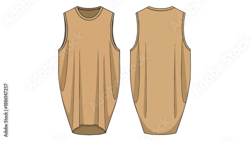 Technical flat sketch of a women's sleeveless tunic with dropped armholes and curved hem, essential for modern apparel design and pattern creation