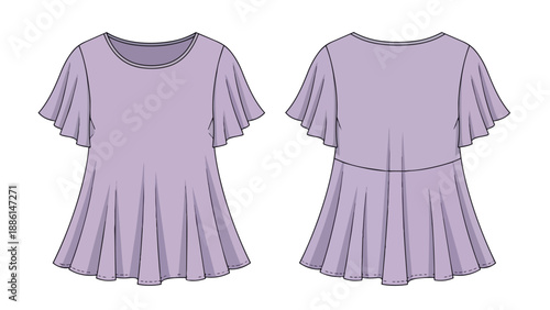 Elegant purple flutter sleeve blouse technical drawing with flared peplum hem design