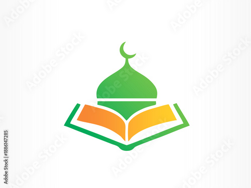 Modern graphic of mosque dome with crescent and open book symbolizing Islamic faith and Quranic education.