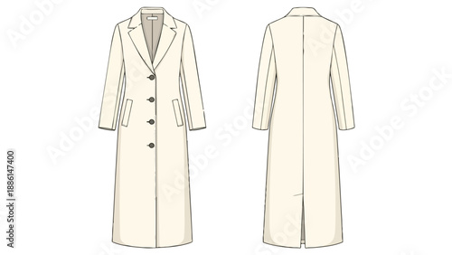 Elegant long tailored coat technical fashion illustration with front and back views displaying classic design features for garment production