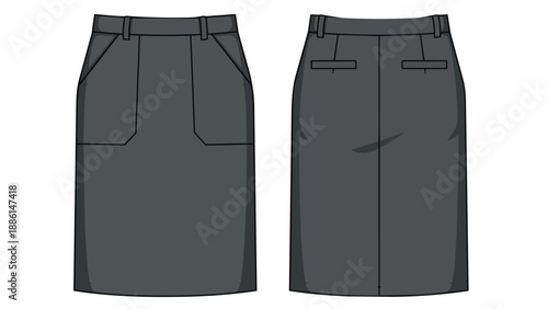 Technical flat drawing of a sophisticated grey pencil skirt, featuring front patch and back flap pockets.