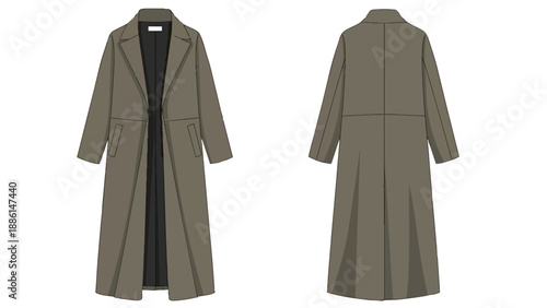 Detailed fashion illustration of a modern long coat, front and back views, for clothing design