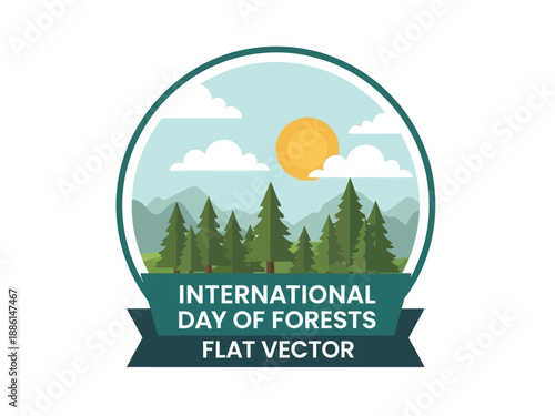Celebrating International Day of Forests with a serene landscape illustration featuring trees, mountains, and a sunny sky
