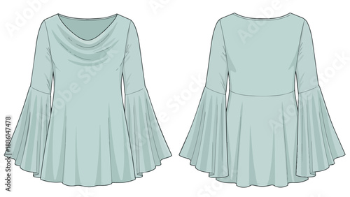 Elegant women's teal cowl neck top with flowing bell sleeves fashion illustration sketch