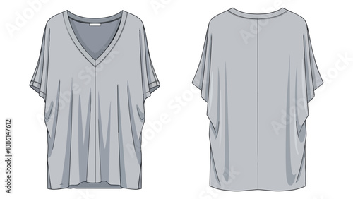 Technical flat sketch illustrating a loose-fitting women's V-neck top with stylish dolman sleeves, showcasing both front and back views for fashion