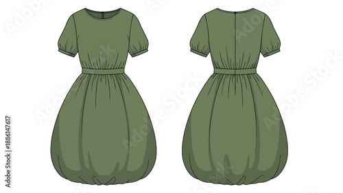 Technical fashion flat sketch showcasing a minimalist olive green dress design with puffed short sleeves and a unique bubble hem silhouette, front