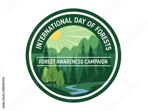 Forest Awareness Campaign Logo Featuring Mountains and Trees on International Day of Forests