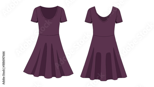Stylish deep plum short-sleeved dress, front and back views, featuring a graceful scoop neck and flowing flared skirt, offering timeless elegance