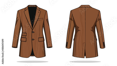 Stylish brown long coat graphic. Detailed front and back views with unique wood-grain texture. Ideal for fashion design. Perfect apparel template.