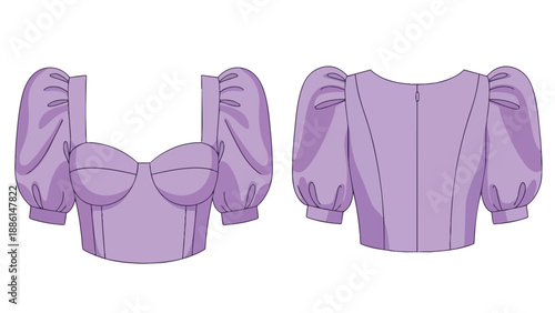 Stylish lavender cropped bustier blouse design with dramatic puff sleeves presented from front and rear perspectives fashion apparel technical