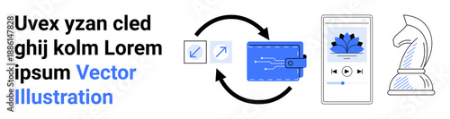 Digital payments, e-commerce, finance apps, data security, mobile transactions, fintech. Icons of a wallet, smartphone arrows and chess piece transaction flow. Digital payments and e-commerce